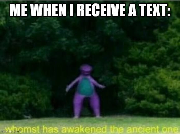 Texts | ME WHEN I RECEIVE A TEXT: | image tagged in whomst has awakened the ancient one | made w/ Imgflip meme maker