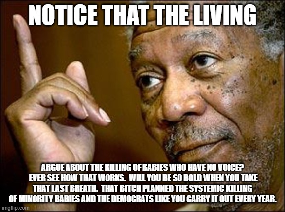 This Morgan Freeman | NOTICE THAT THE LIVING ARGUE ABOUT THE KILLING OF BABIES WHO HAVE NO VOICE?  EVER SEE HOW THAT WORKS.  WILL YOU BE SO BOLD WHEN YOU TAKE THA | image tagged in this morgan freeman | made w/ Imgflip meme maker