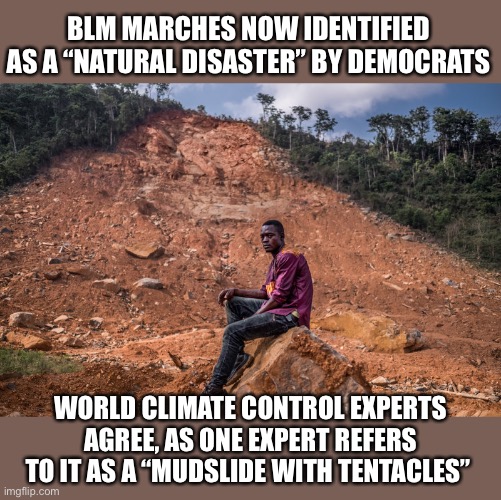 Mudslides in America | BLM MARCHES NOW IDENTIFIED AS A “NATURAL DISASTER” BY DEMOCRATS; WORLD CLIMATE CONTROL EXPERTS AGREE, AS ONE EXPERT REFERS TO IT AS A “MUDSLIDE WITH TENTACLES” | image tagged in blm,nope nope nope | made w/ Imgflip meme maker