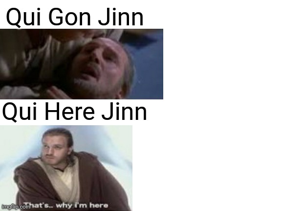 Just another prequel meme | Qui Gon Jinn; Qui Here Jinn | image tagged in blank white template | made w/ Imgflip meme maker