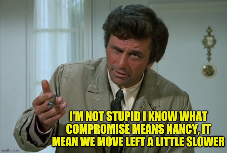 Columbo | I'M NOT STUPID I KNOW WHAT COMPROMISE MEANS NANCY, IT MEAN WE MOVE LEFT A LITTLE SLOWER | image tagged in columbo | made w/ Imgflip meme maker