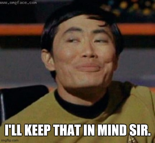 sulu | I'LL KEEP THAT IN MIND SIR. | image tagged in sulu | made w/ Imgflip meme maker