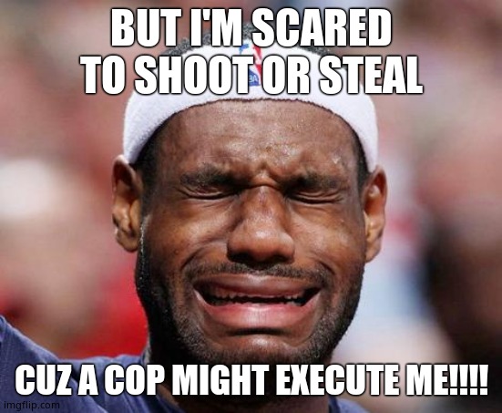 Crying Lebron | BUT I'M SCARED TO SHOOT OR STEAL; CUZ A COP MIGHT EXECUTE ME!!!! | image tagged in crying lebron,fear monger,delusional millionaire | made w/ Imgflip meme maker