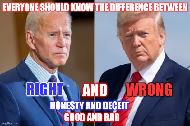 I Know Let's All Pretend Nothing That Has Happened Actually Happened So It Can Keep Happening Till He Burns It All To The Ground | EVERYONE SHOULD KNOW THE DIFFERENCE BETWEEN; WRONG; RIGHT; AND; HONESTY AND DECEIT; GOOD AND BAD | image tagged in trump biden,trump unfit unqualified dangerous,liar in chief,memes,good vs evil,right and wrong | made w/ Imgflip meme maker