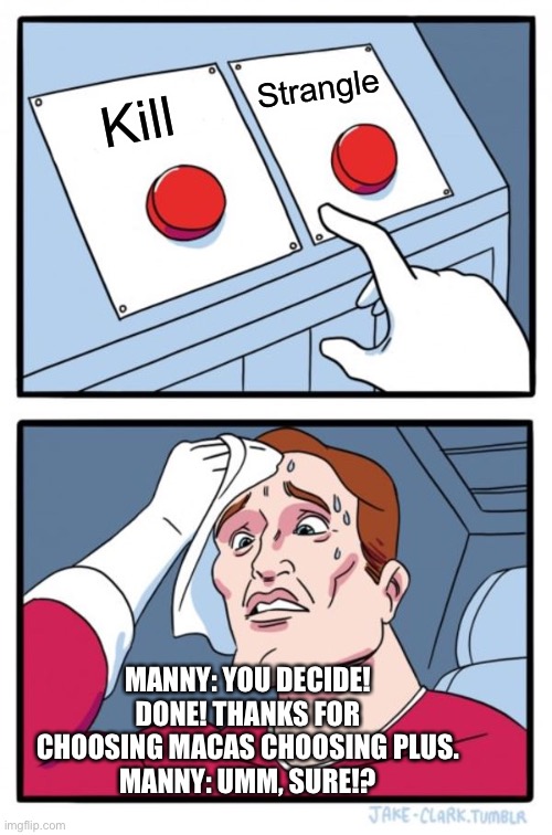 Umm, decide | Strangle; Kill; MANNY: YOU DECIDE!
DONE! THANKS FOR CHOOSING MACAS CHOOSING PLUS.
MANNY: UMM, SURE!? | image tagged in memes,two buttons,good one manny,funny memes,funny | made w/ Imgflip meme maker