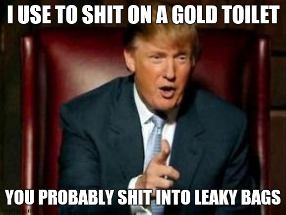Donald Trump | I USE TO SHIT ON A GOLD TOILET YOU PROBABLY SHIT INTO LEAKY BAGS | image tagged in donald trump | made w/ Imgflip meme maker