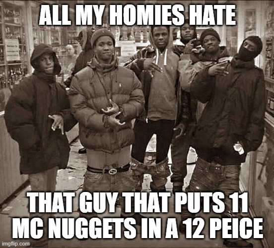 seriously dude | ALL MY HOMIES HATE; THAT GUY THAT PUTS 11 MC NUGGETS IN A 12 PEICE | image tagged in all my homies hate,memes,mcdonalds,that guy | made w/ Imgflip meme maker