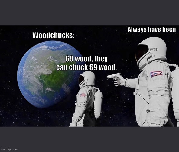 How much wood can a wood Chuck Chuck if a woodchuck could chuck wood | Always have been; Woodchucks:; 69 wood, they can chuck 69 wood. | image tagged in always has been | made w/ Imgflip meme maker