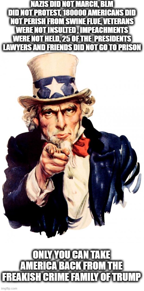 Uncle Sam needs you this November | NAZIS DID NOT MARCH, BLM DID NOT PROTEST, 180000 AMERICANS DID NOT PERISH FROM SWINE FLUE, VETERANS WERE NOT INSULTED , IMPEACHMENTS WERE NOT HELD, 25 OF THE  PRESIDENTS LAWYERS AND FRIENDS DID NOT GO TO PRISON; ONLY YOU CAN TAKE AMERICA BACK FROM THE FREAKISH CRIME FAMILY OF TRUMP | image tagged in memes,uncle sam,maga,politics,corruption,vote | made w/ Imgflip meme maker