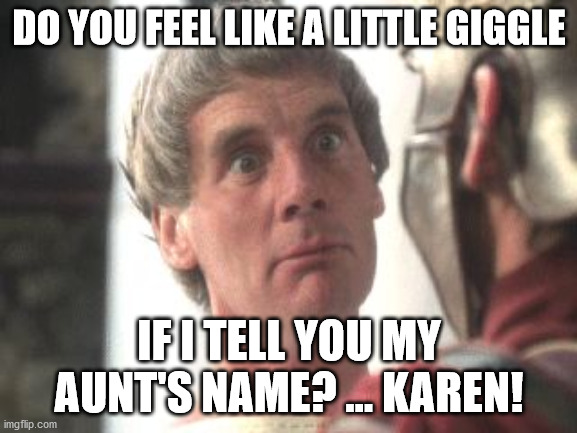 When your aunt is called Karen and you actually like the old lady |  DO YOU FEEL LIKE A LITTLE GIGGLE; IF I TELL YOU MY AUNT'S NAME? ... KAREN! | image tagged in biggus dickus,karen | made w/ Imgflip meme maker