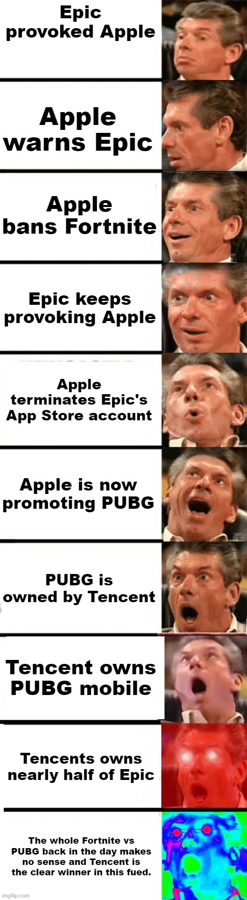 Damn Tencent goes Stonks | Epic provoked Apple; Apple warns Epic; Apple bans Fortnite; Epic keeps provoking Apple; Apple terminates Epic's App Store account; Apple is now promoting PUBG; PUBG is owned by Tencent; Tencent owns PUBG mobile; Tencents owns nearly half of Epic; The whole Fortnite vs PUBG back in the day makes no sense and Tencent is the clear winner in this fued. | image tagged in vince mcmahon,fortnite,pubg,apple,epic | made w/ Imgflip meme maker