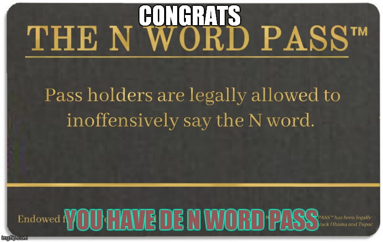 you have de n word pass | CONGRATS; YOU HAVE DE N WORD PASS | image tagged in n word pass | made w/ Imgflip meme maker