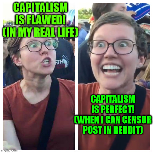 Social Justice Warrior Hypocrisy | CAPITALISM IS FLAWED! (IN MY REAL LIFE); CAPITALISM IS PERFECT! (WHEN I CAN CENSOR POST IN REDDIT) | image tagged in social justice warrior hypocrisy | made w/ Imgflip meme maker