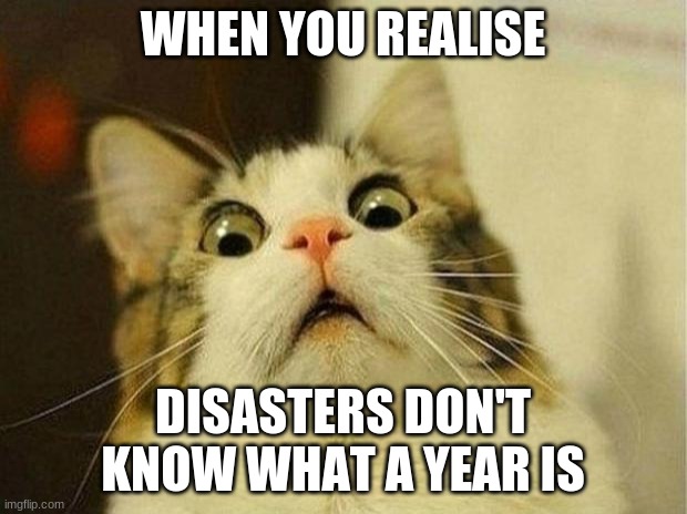 Scared Cat | WHEN YOU REALISE; DISASTERS DON'T KNOW WHAT A YEAR IS | image tagged in memes,scared cat | made w/ Imgflip meme maker