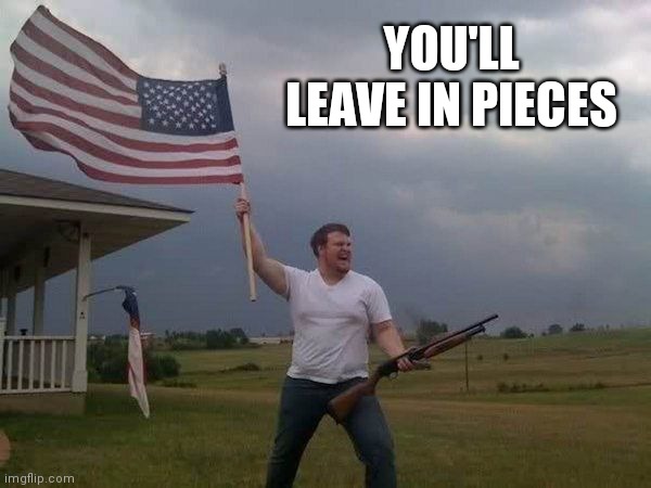 American flag shotgun guy | YOU'LL LEAVE IN PIECES | image tagged in american flag shotgun guy | made w/ Imgflip meme maker