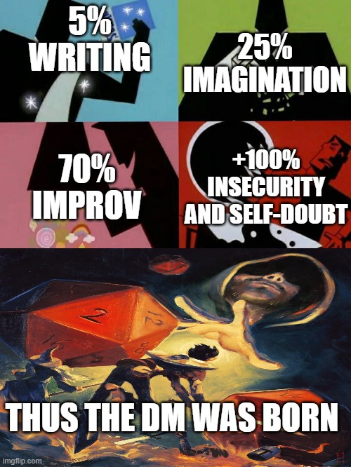 The secret ingrediants for a DM | 5% WRITING; 25% IMAGINATION; 70% IMPROV; +100% INSECURITY AND SELF-DOUBT; THUS THE DM WAS BORN | image tagged in powerpuff,dungeons and dragons | made w/ Imgflip meme maker