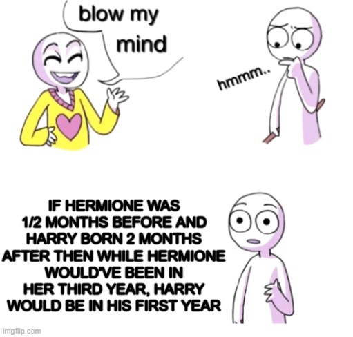 aaaaaaaaaaaaaaaaaaaaaaaaa | IF HERMIONE WAS 1/2 MONTHS BEFORE AND HARRY BORN 2 MONTHS AFTER THEN WHILE HERMIONE WOULD'VE BEEN IN HER THIRD YEAR, HARRY WOULD BE IN HIS FIRST YEAR | image tagged in blow my mind | made w/ Imgflip meme maker