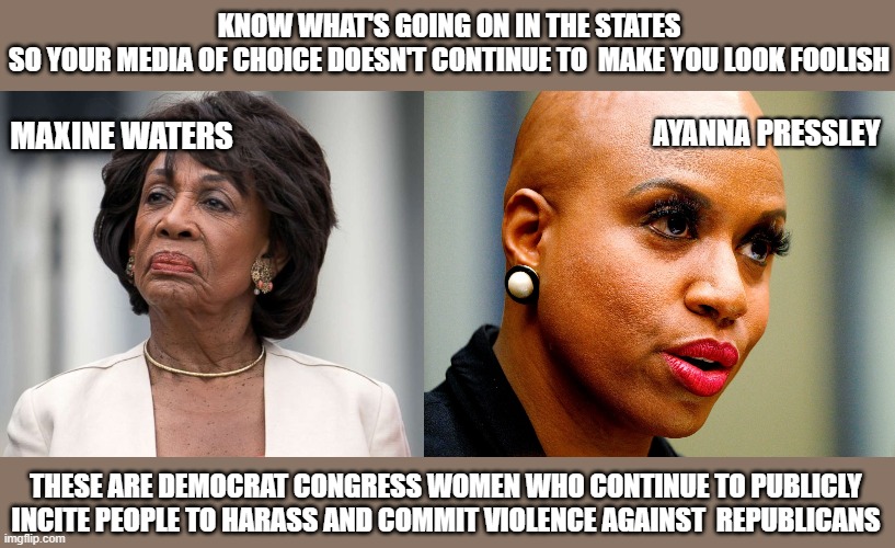 Democrats | KNOW WHAT'S GOING ON IN THE STATES
SO YOUR MEDIA OF CHOICE DOESN'T CONTINUE TO  MAKE YOU LOOK FOOLISH; AYANNA PRESSLEY; MAXINE WATERS; THESE ARE DEMOCRAT CONGRESS WOMEN WHO CONTINUE TO PUBLICLY INCITE PEOPLE TO HARASS AND COMMIT VIOLENCE AGAINST  REPUBLICANS | image tagged in democrats,prats,bitches | made w/ Imgflip meme maker
