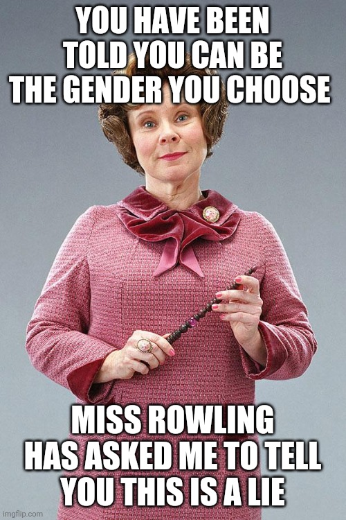 Dolores Umbridge | YOU HAVE BEEN TOLD YOU CAN BE THE GENDER YOU CHOOSE; MISS ROWLING HAS ASKED ME TO TELL YOU THIS IS A LIE | image tagged in dolores umbridge | made w/ Imgflip meme maker