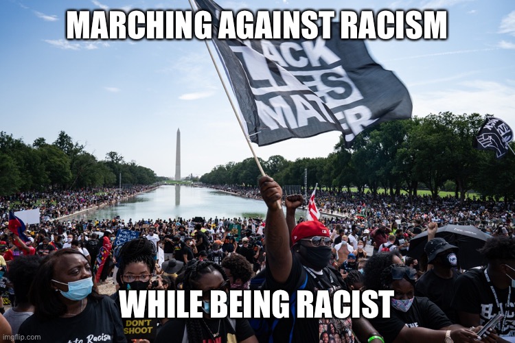 No Hypocrisy Here | MARCHING AGAINST RACISM; WHILE BEING RACIST | image tagged in liberal logic,racist,maga,trump 2020 | made w/ Imgflip meme maker