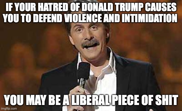 Jeff Foxworthy you might be a redneck | IF YOUR HATRED OF DONALD TRUMP CAUSES YOU TO DEFEND VIOLENCE AND INTIMIDATION; YOU MAY BE A LIBERAL PIECE OF SHIT | image tagged in jeff foxworthy you might be a redneck | made w/ Imgflip meme maker