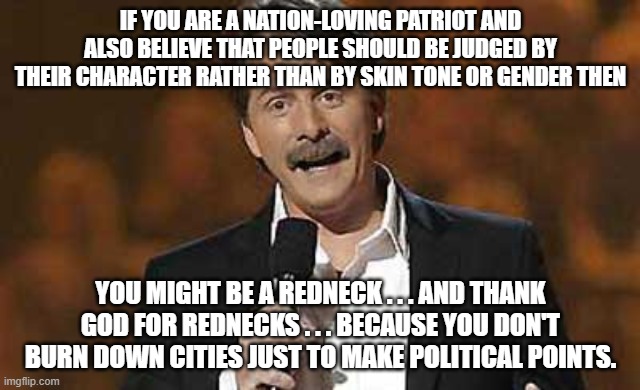 Jeff Foxworthy you might be a redneck | IF YOU ARE A NATION-LOVING PATRIOT AND ALSO BELIEVE THAT PEOPLE SHOULD BE JUDGED BY THEIR CHARACTER RATHER THAN BY SKIN TONE OR GENDER THEN; YOU MIGHT BE A REDNECK . . . AND THANK GOD FOR REDNECKS . . . BECAUSE YOU DON'T BURN DOWN CITIES JUST TO MAKE POLITICAL POINTS. | image tagged in jeff foxworthy you might be a redneck | made w/ Imgflip meme maker