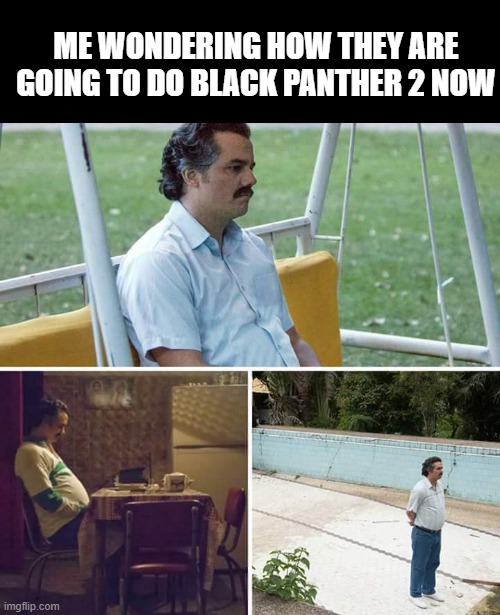 RIP T'Challa | ME WONDERING HOW THEY ARE GOING TO DO BLACK PANTHER 2 NOW | image tagged in memes,sad pablo escobar | made w/ Imgflip meme maker