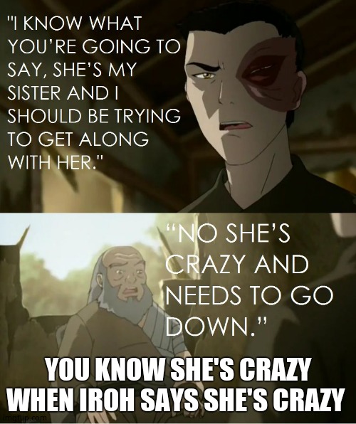 Iroh she is crazy and needs to go down | YOU KNOW SHE'S CRAZY WHEN IROH SAYS SHE'S CRAZY | image tagged in iroh she is crazy and needs to go down | made w/ Imgflip meme maker