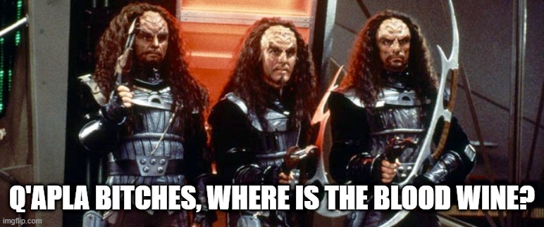 Klingons Hit Quarks Like... | Q'APLA BITCHES, WHERE IS THE BLOOD WINE? | image tagged in star trek klingon warriors | made w/ Imgflip meme maker