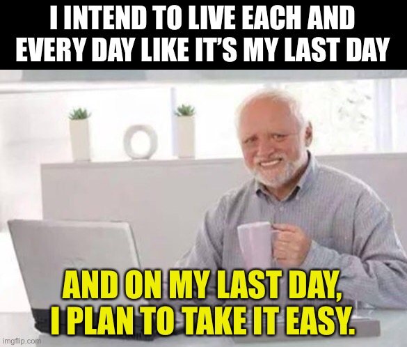 Harold | I INTEND TO LIVE EACH AND EVERY DAY LIKE IT’S MY LAST DAY; AND ON MY LAST DAY, I PLAN TO TAKE IT EASY. | image tagged in harold | made w/ Imgflip meme maker