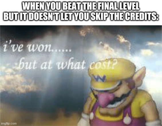 Credits suck | WHEN YOU BEAT THE FINAL LEVEL BUT IT DOESN'T LET YOU SKIP THE CREDITS: | image tagged in i've won but at what cost,memes,final level,credits,annoying,let me skip | made w/ Imgflip meme maker