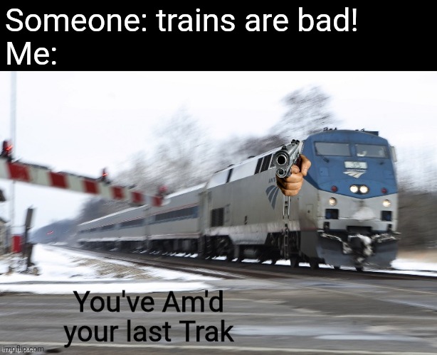 You've Am'd your last Trak | Someone: trains are bad!
Me: | image tagged in you've am'd your last trak | made w/ Imgflip meme maker