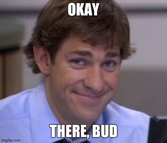 Jim smile | OKAY THERE, BUD | image tagged in jim smile | made w/ Imgflip meme maker