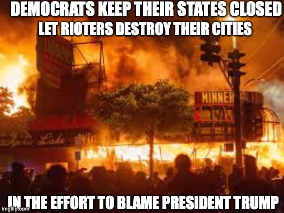 Democrats let rioters destroy their cities | DEMOCRATS KEEP THEIR STATES CLOSED; LET RIOTERS DESTROY THEIR CITIES; IN THE EFFORT TO BLAME PRESIDENT TRUMP | image tagged in democrats,riots | made w/ Imgflip meme maker