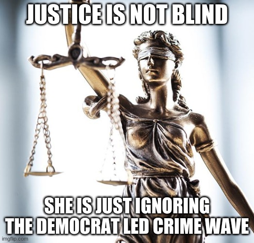 justice is not blind | JUSTICE IS NOT BLIND; SHE IS JUST IGNORING THE DEMOCRAT LED CRIME WAVE | image tagged in democrat the crime party,justice will act sooner or later,law and order,back the blue,no more mob rule,defund dem cities | made w/ Imgflip meme maker