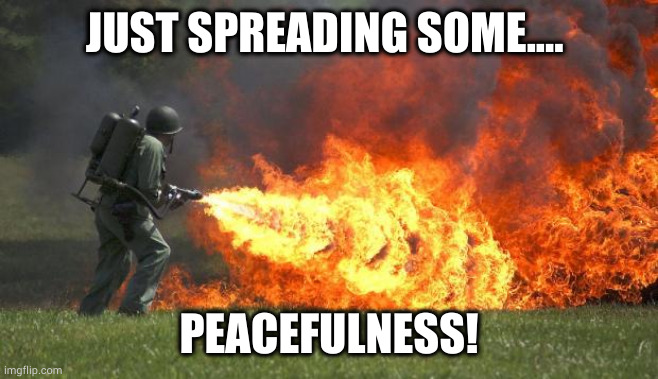 New Symbol of Peace | JUST SPREADING SOME.... PEACEFULNESS! | image tagged in flamethrower,peace,riots | made w/ Imgflip meme maker