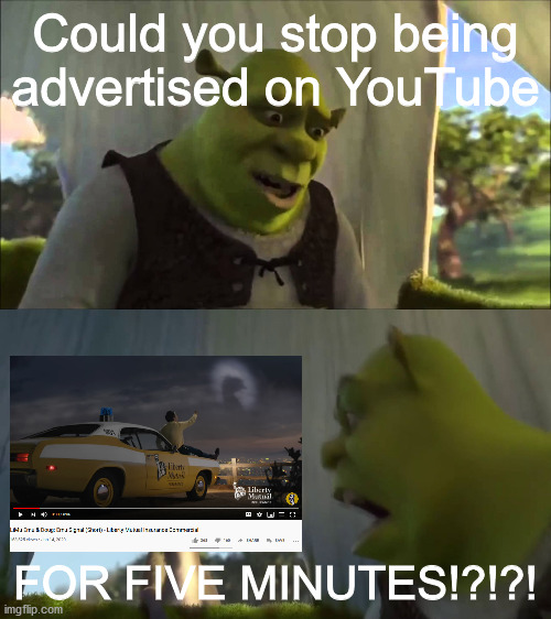 Liberty Mutual should stop with the LiMu Emu ads! | Could you stop being advertised on YouTube; FOR FIVE MINUTES!?!?! | image tagged in shrek five minutes,liberty mutual,dank memes,memes,fresh memes,funny | made w/ Imgflip meme maker