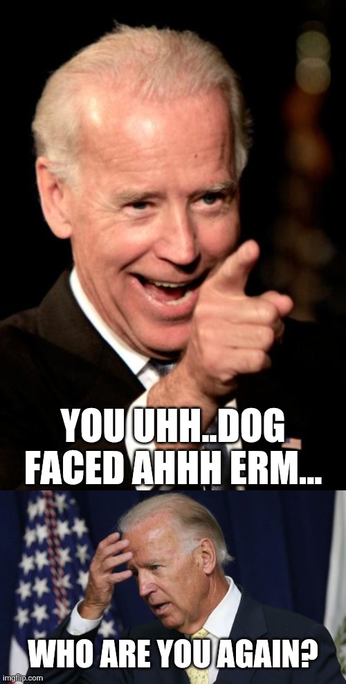 YOU UHH..DOG FACED AHHH ERM... WHO ARE YOU AGAIN? | image tagged in memes,smilin biden,joe biden worries | made w/ Imgflip meme maker