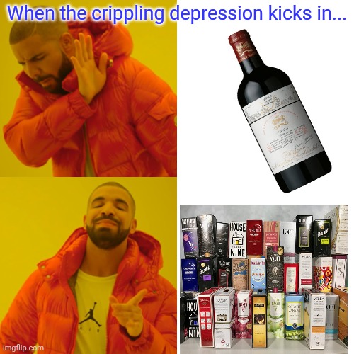 Wine | When the crippling depression kicks in... | image tagged in memes,drake hotline bling,depression | made w/ Imgflip meme maker