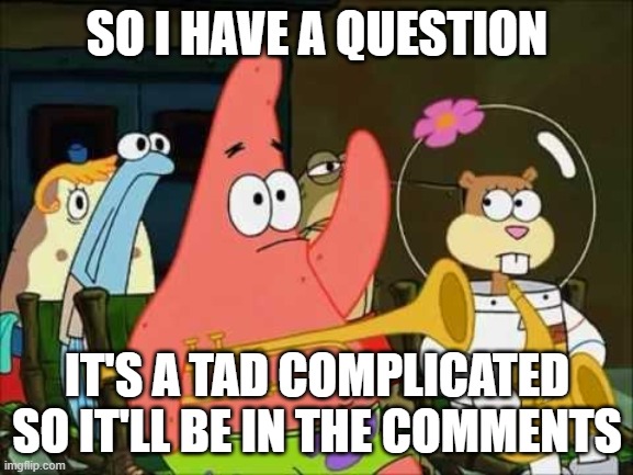 It's about a bunch of anonymous memes and empty user profiles. | SO I HAVE A QUESTION; IT'S A TAD COMPLICATED SO IT'LL BE IN THE COMMENTS | image tagged in questioning patrick | made w/ Imgflip meme maker