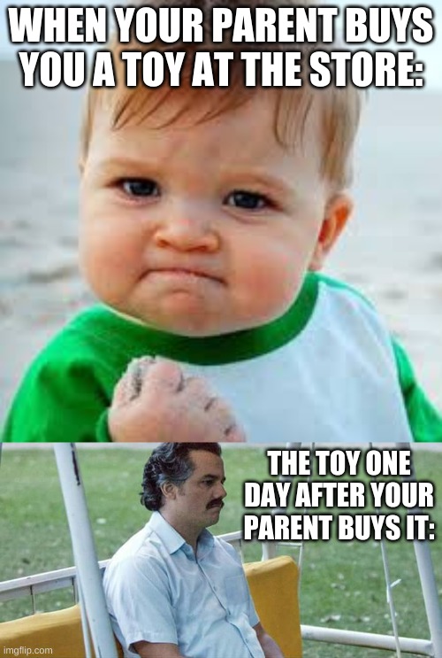 When mom buys a toy | WHEN YOUR PARENT BUYS YOU A TOY AT THE STORE:; THE TOY ONE DAY AFTER YOUR PARENT BUYS IT: | image tagged in memes,sad pablo escobar,sucsess kid,funny,toys | made w/ Imgflip meme maker