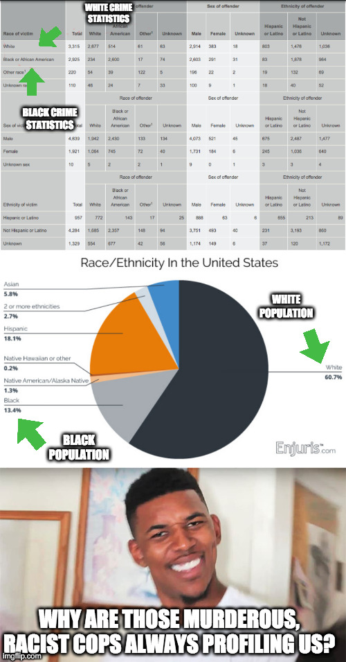 BLACK CRIME STATISTICS WHITE CRIME STATISTICS BLACK POPULATION WHITE POPULATION WHY ARE THOSE MURDEROUS, RACIST COPS ALWAYS PROFILING US? | made w/ Imgflip meme maker