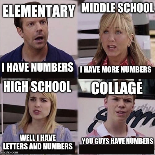 Shcool meme | MIDDLE SCHOOL; ELEMENTARY; I HAVE NUMBERS; I HAVE MORE NUMBERS; HIGH SCHOOL; COLLAGE; WELL I HAVE LETTERS AND NUMBERS; YOU GUYS HAVE NUMBERS | image tagged in you guys are getting paid template | made w/ Imgflip meme maker