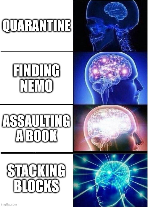 Expanding Brain | QUARANTINE; FINDING NEMO; ASSAULTING A BOOK; STACKING BLOCKS | image tagged in memes,expanding brain | made w/ Imgflip meme maker