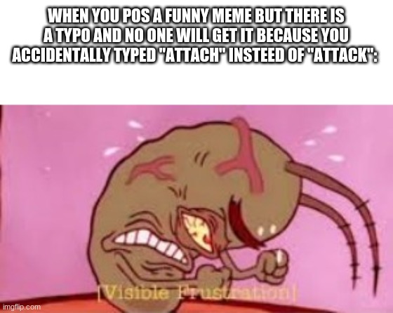 I just noticed there is a typo in this meme LMAO | WHEN YOU POS A FUNNY MEME BUT THERE IS A TYPO AND NO ONE WILL GET IT BECAUSE YOU ACCIDENTALLY TYPED "ATTACH" INSTEED OF "ATTACK": | image tagged in visible frustration,memes,typos,and stuff | made w/ Imgflip meme maker