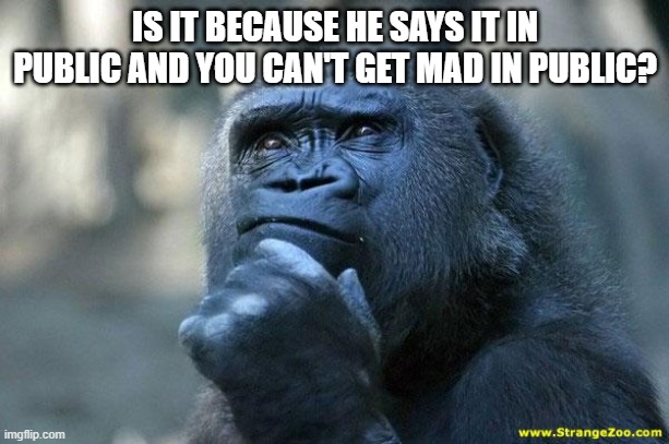 Deep Thoughts | IS IT BECAUSE HE SAYS IT IN PUBLIC AND YOU CAN'T GET MAD IN PUBLIC? | image tagged in deep thoughts | made w/ Imgflip meme maker