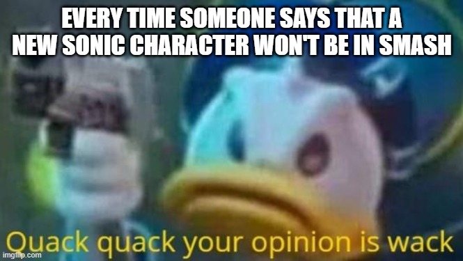 At least, i hope so... | EVERY TIME SOMEONE SAYS THAT A NEW SONIC CHARACTER WON'T BE IN SMASH | image tagged in quack quack your opinion is wack,super smash bros,dlc,sonic the hedgehog | made w/ Imgflip meme maker