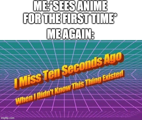 I miss ten seconds ago | ME:*SEES ANIME FOR THE FIRST TIME*; ME AGAIN: | image tagged in i miss ten seconds ago | made w/ Imgflip meme maker