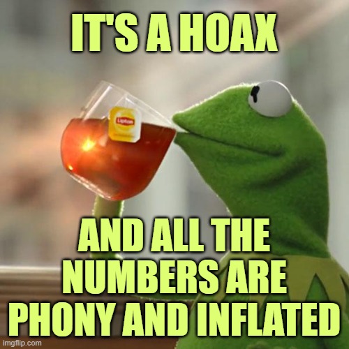 But That's None Of My Business Meme | IT'S A HOAX AND ALL THE NUMBERS ARE PHONY AND INFLATED | image tagged in memes,but that's none of my business,kermit the frog | made w/ Imgflip meme maker