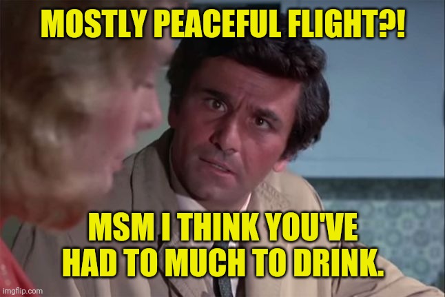 Columbo your a special kinda stupid | MOSTLY PEACEFUL FLIGHT?! MSM I THINK YOU'VE HAD TO MUCH TO DRINK. | image tagged in columbo your a special kinda stupid | made w/ Imgflip meme maker